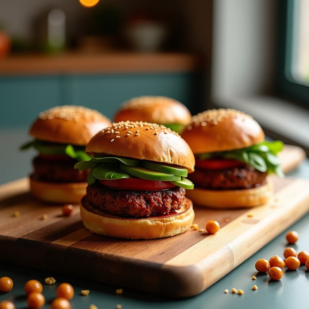 Hamburguesas veganas de garbanzos y remolacha con toque a barbacoa, doradas y crujientes, servidas en pan integral con aguacate y hojas verdes, receta Airfryer.