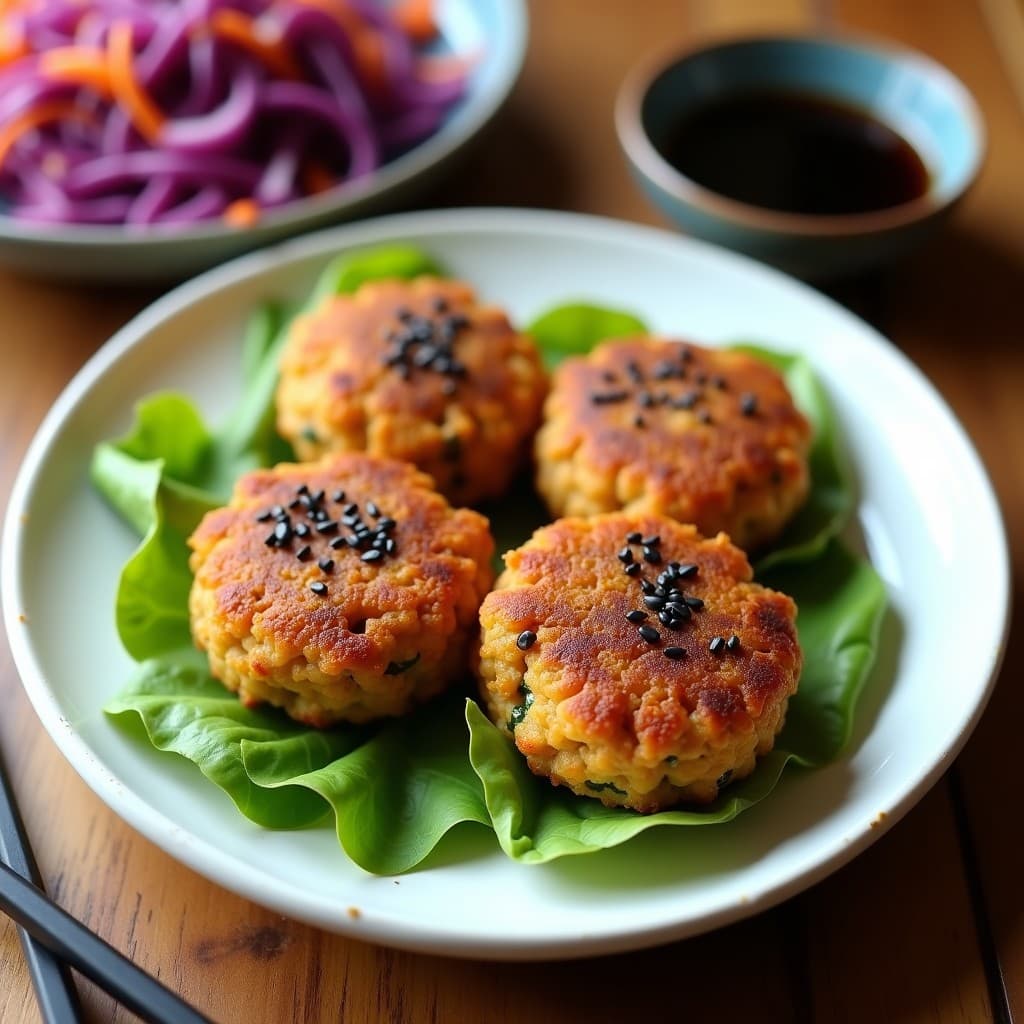 Hamburguesas doradas de hígano de pollo y algas wakame en airfryer, con semillas de sésamo negro, servidas sobre hoja de lechuga con ensalada de repollo morado y zanahoria rallada, aliñadas con vinagre de arroz. Receta japonesa alta en proteína.