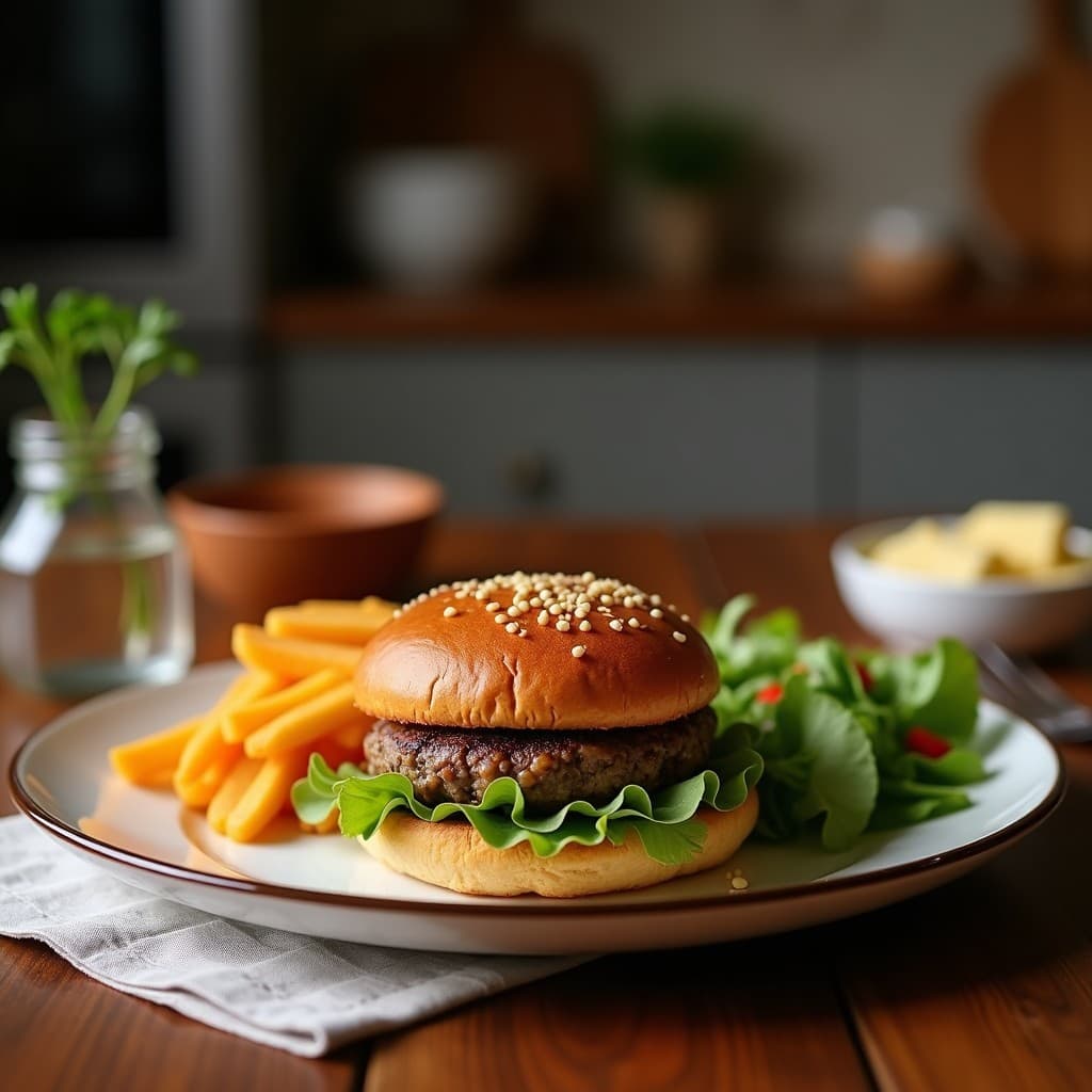 Hamburguesas veganas doradas de hongos portobello y linaza, cocinadas en airfryer, con textura crujiente por fuera y jugosa por dentro. Servidas sobre hoja de lechuga morada con rodajas de aguacate y semillas de sésamo, acompañadas de una salsa cremosa de yogur vegano. Plato alto en fibra y umami, ideal para comida saludable.
