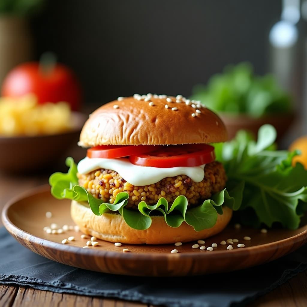 Hamburguesa vegana dorada de lentejas y arroz salvaje sobre pan integral, acompañada de lechuga fresca, tomate en rodajas y salsa cremosa de yogur de soja en un plato de madera rústico.