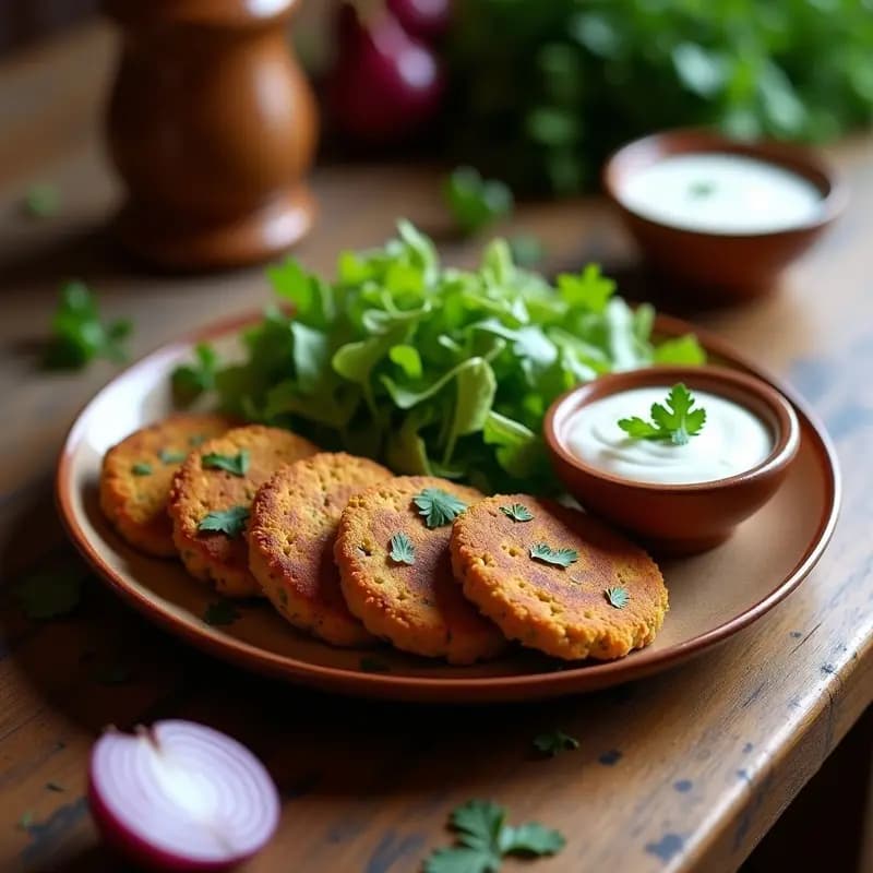 Hamburguesas doradas de lentejas al estilo Corrala de Sevilla, servidas en plato rústico con ensalada verde y salsa de yogur, receta tradicional sevillana.
