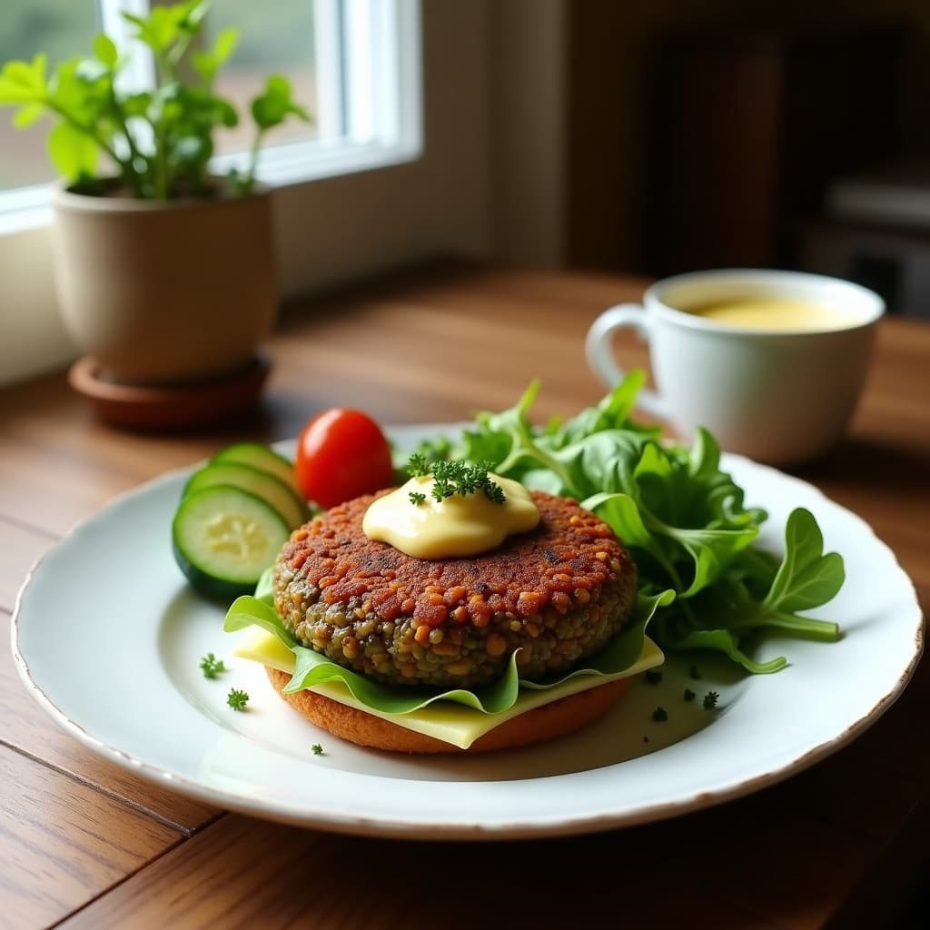 Hamburguesas doradas de lentejas Puy y castañas servidas en plato blanco con ensalada verde, receta vegana francesa en airfryer, textura crujiente y jugosa.
