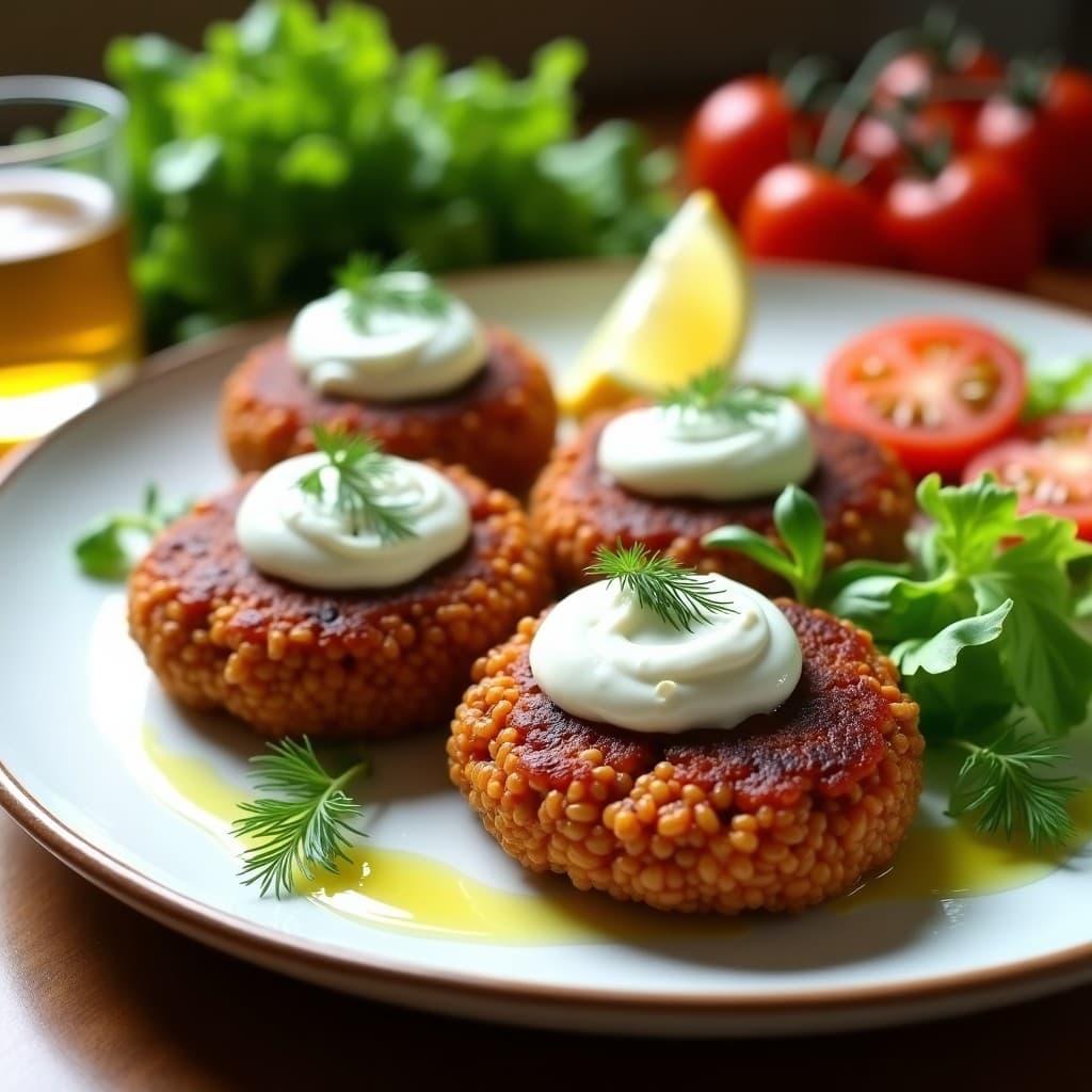 Hamburguesas doradas y crujientes de lentejas rojas y aceitunas Kalamata servidas en un plato blanco rústico, acompañadas de salsa de yogur cremosa con eneldo y rodajas de limón. Fondos de hojas de lechuga y tomate cherry para un toque fresco y mediterráneo.