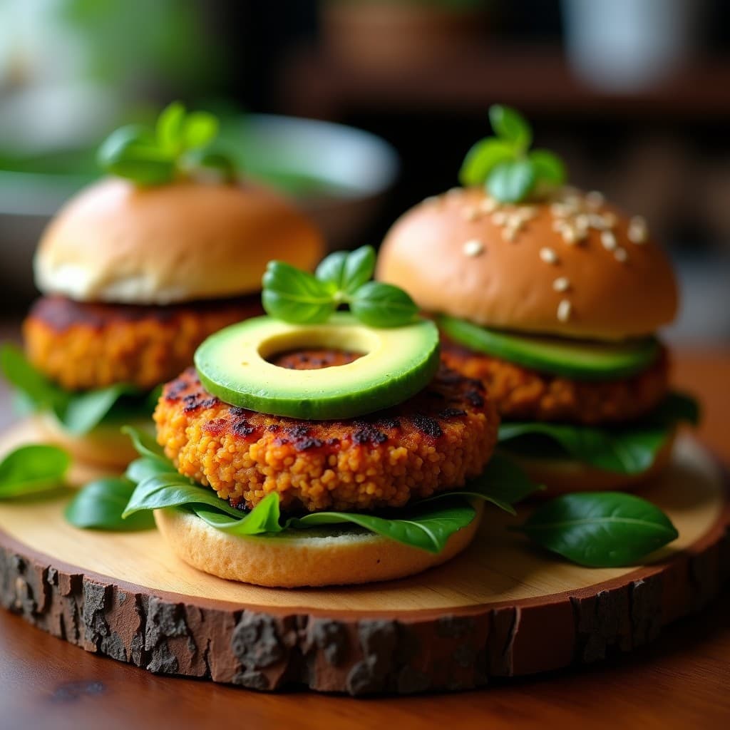 Hamburguesas veganas de lentejas doradas con toque ahumado, servidas en pan integral con aguacate y ensalada fresca.