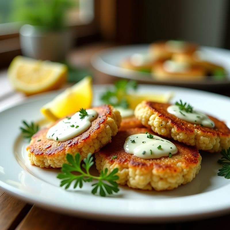 Hamburguesas doradas de merluza y quinoa con textura crujiente, servidas sobre un plato blanco con salsa de limón y eneldo de color crema. Acompañadas de rodajas de limón y hojas de eneldo fresco como decoración.