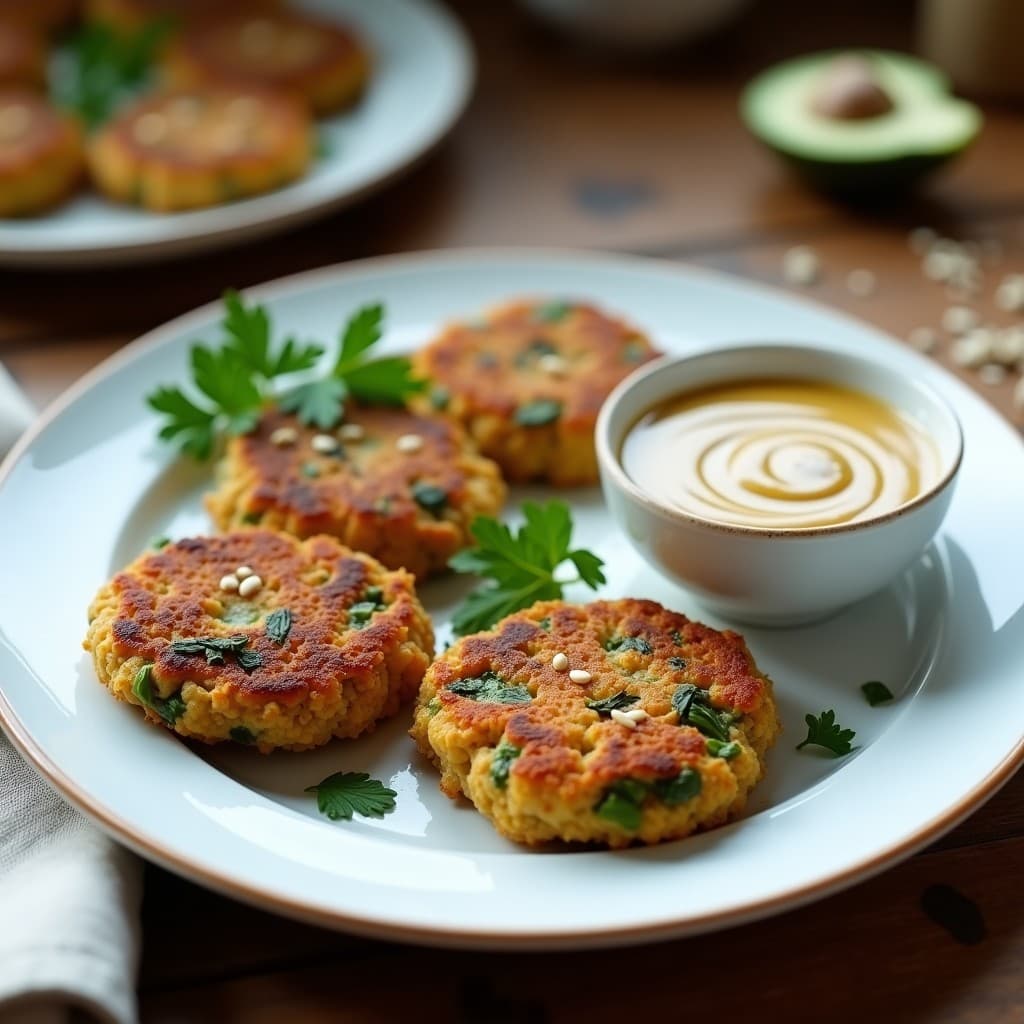 Hamburguesas doradas de quinoa y espárragos con textura crujiente, servidas en plato blanco con salsa cremosa de ajo negro y decoradas con perejil fresco, receta sin gluten en sartén.