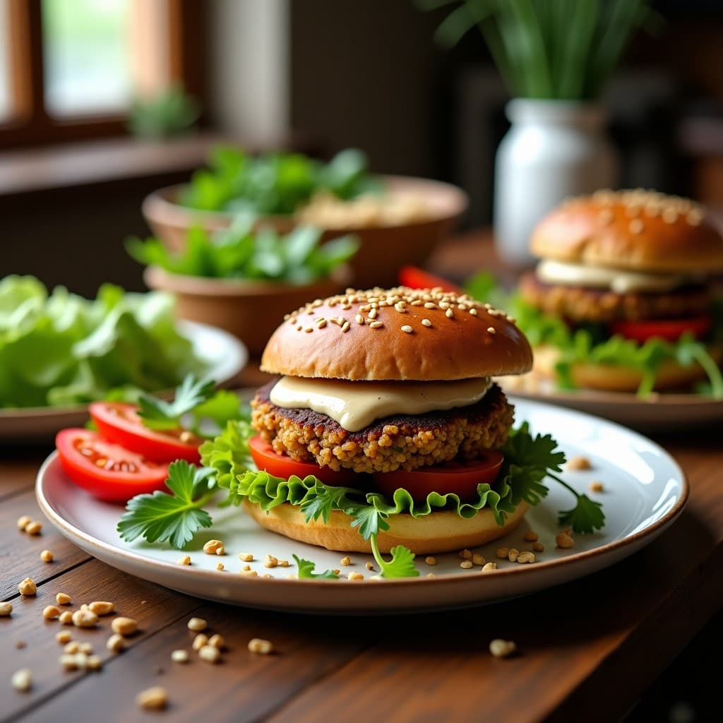 Hamburguesas veganas de quinoa y hongos portobello doradas al horno, servidas en pan integral con salsa de tahini cremosa, lechuga fresca y rodajas de tomate, plato saludable y alto en proteína.