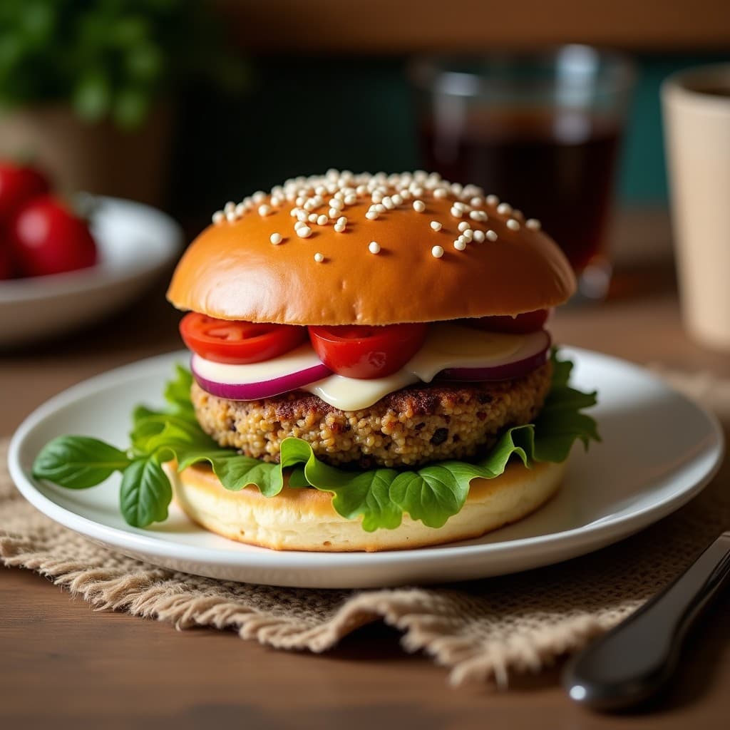 Hamburguesa vegana keto con pan de semillas de lino dorado, rellena de quinoa y remolacha asada, acompañada de lechuga morada, aguacate y mostaza, servida en un plato rústico de madera.