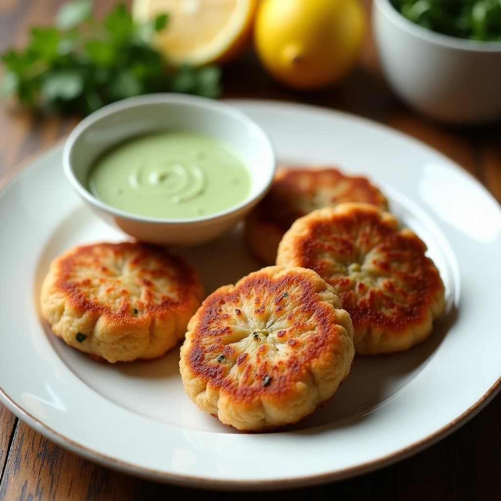 Hamburguesas doradas de salmonete y algas wakame en airfryer, servidas sobre un plato negro con semillas de sésamo y salsa de wasabi cremosa al lado. Decoración con rodajas de limón y cebollino picado.