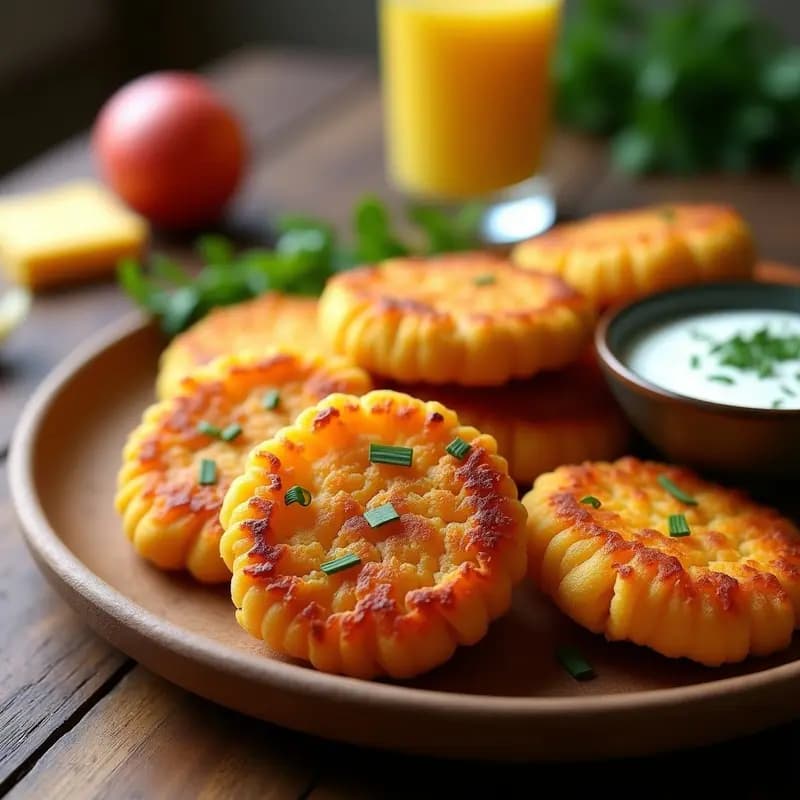 Hash brown dorados y crujientes de batata y queso cheddar derretido, servidos en un plato de madera con hierbas frescas y salsa de yogur, receta de desayuno americano en airfryer.