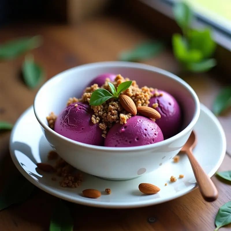 Cuenco de cerámica blanca con helado de açaí y camu camu de color morado intenso, cubierto con granola de quinoa morada crujiente y almendras doradas. Fondo con hojas verdes y cucharita de madera.