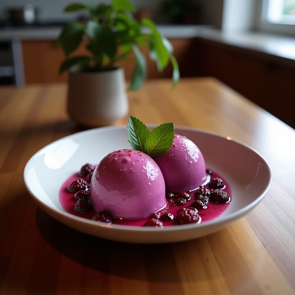 Helado de açaí y mantequilla de cacahuete sin azúcar en un cucurucho de galleta integral, con vetas de mantequilla de cacahuete derretida y semillas de chía espolvoreadas, sobre un fondo de madera rústica con hojas de menta fresca.