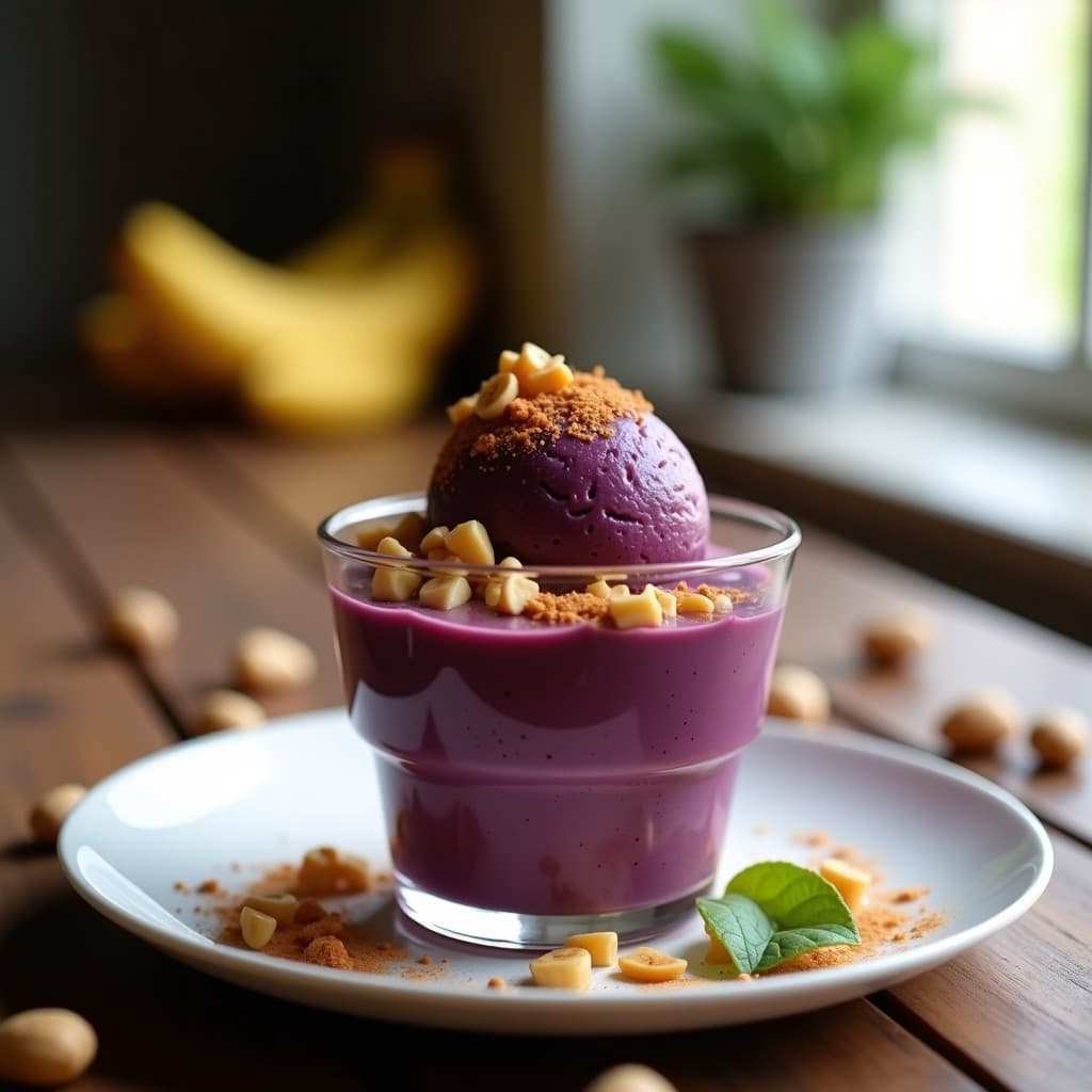 Copa de cristal transparente con helado de açaí y plátano de color morado oscuro, coronado con crujiente de cacahuete dorado y espolvoreado con canela. Fondo de madera rústica con hojas de plátano y cacahuetes enteros esparcidos.