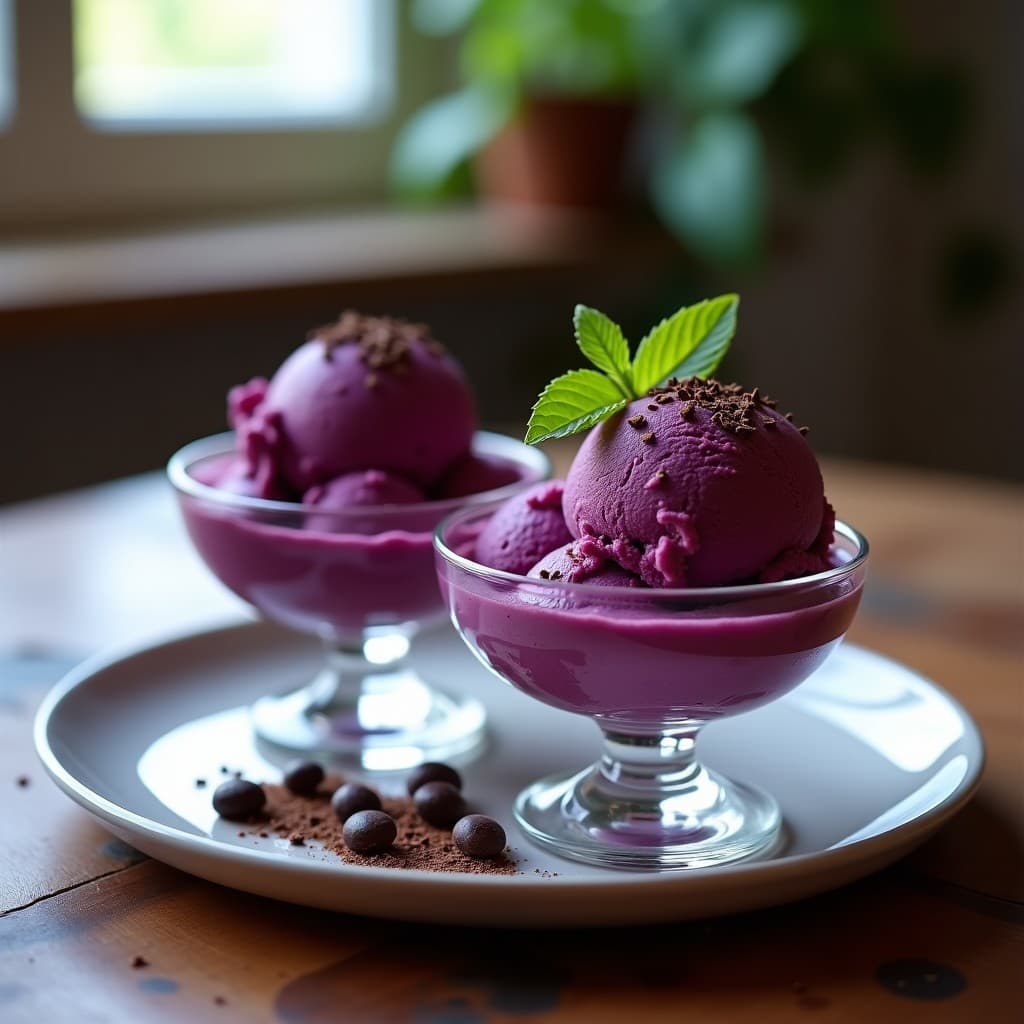 Helado de açaí y polvo de baobab servido en copas de vidrio transparente, con virutas de cacao puro espolvoreadas encima, sobre un fondo rústico de madera. Postre brasileño antioxidante sin lácteos.