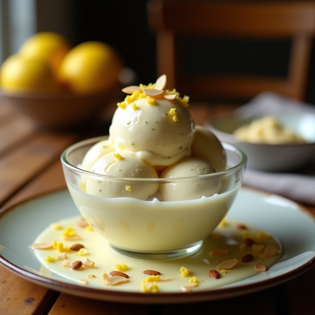Helado de aceituna negra y limón servido en copa de cristal transparente, con virutas de almendras tostadas y ralladura de limón como decoración. Textura cremosa y color beige con destellos verdes, típico de un postre griego salado y sin azúcar.