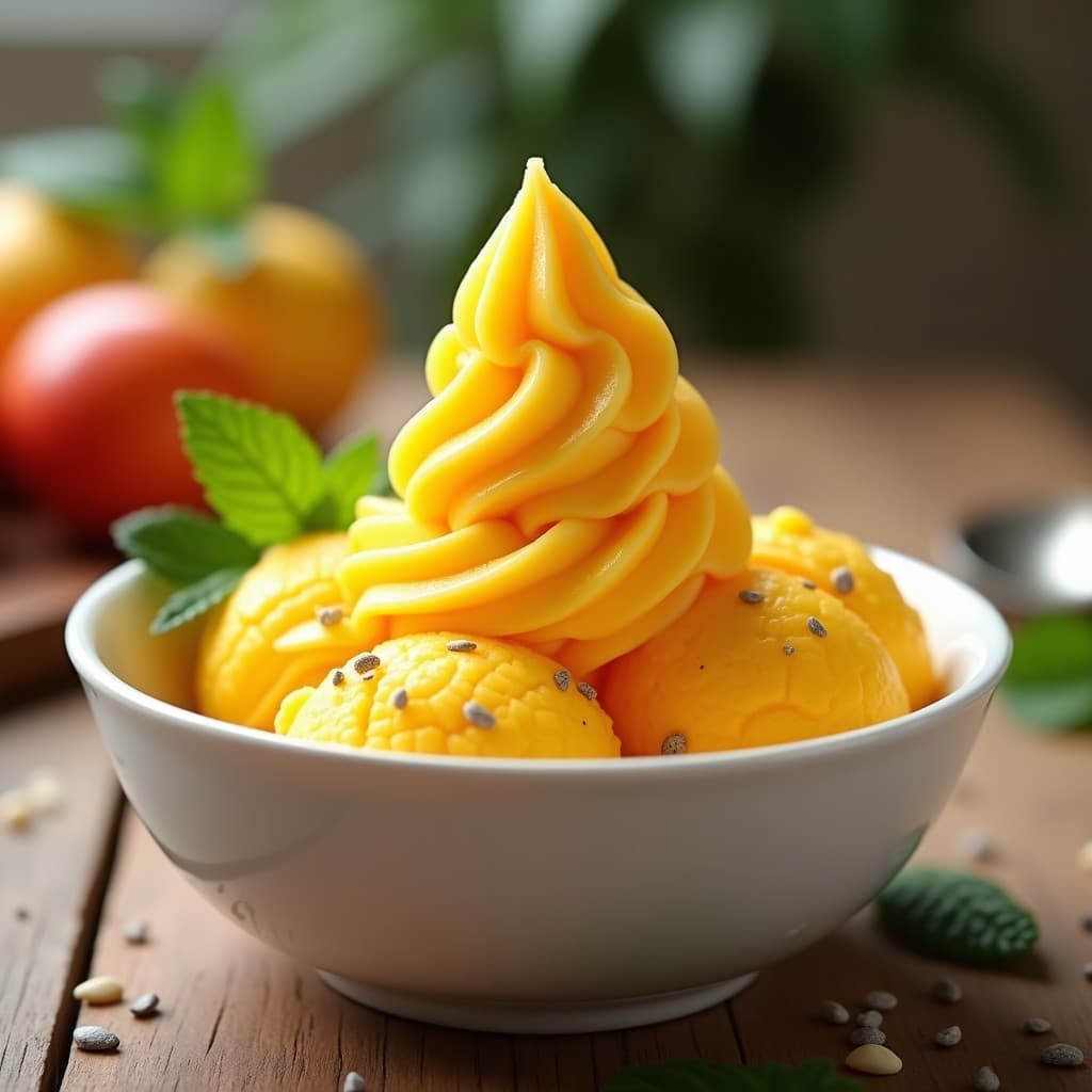 Helado de acerola y mango servido en un cuenco de cerámica blanca, con vetas amarillas y naranjas vibrantes, decorado con hojas de menta fresca y semillas de chía. Postre brasileño sin lácteos y bajo en calorías.