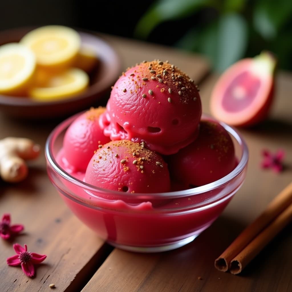 Helado cremoso de color rojo intenso servido en copas de vidrio transparente, decorado con semillas de chía y hojas de menta fresca, con un fondo rústico que resalta su textura sedosa y natural.