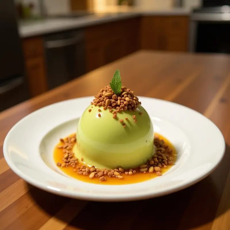 Helado cremoso de color verde pálido servido en un cuenco de cerámica blanca, decorado con cacahuates japoneses tostados y hojas frescas de poleo. Postre keto venezolano sin azúcar.