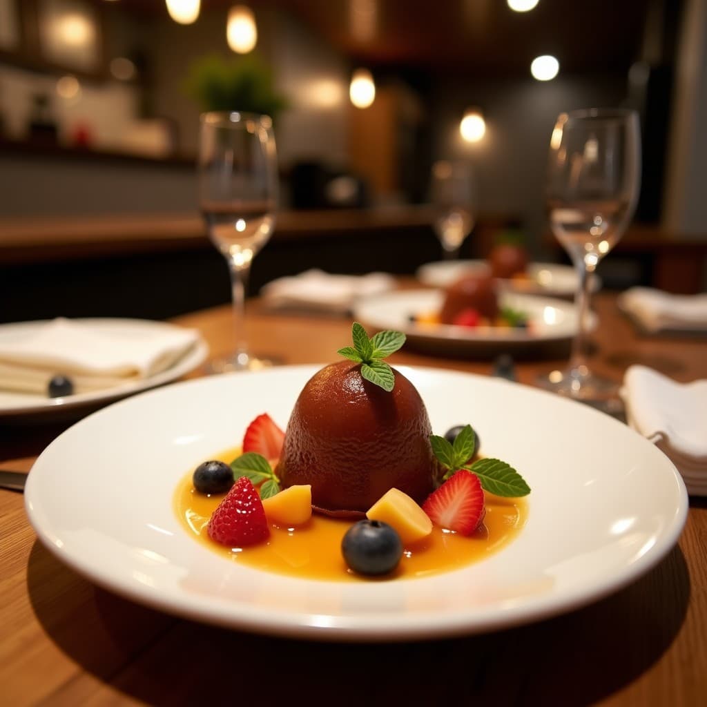 Copa de helado cremoso de color beige oscuro con vetas, coronado con virutas doradas de jamón serrano y almendras fileteadas tostadas. Fondo borroso de cocina moderna con utensilios de acero inoxidable. Postre salado gourmet español fusion.