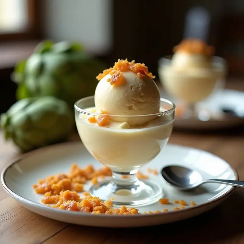 Copa de cristal transparente con helado cremoso de color beige claro, coronado por crujiente de almendras doradas y trocitos caramelizados. Fondo borroso con hojas de alcachofa y una cuchara de postre.