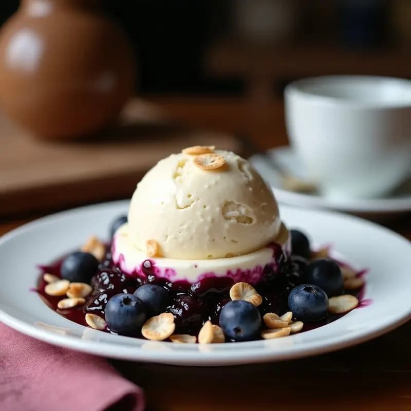 Helado de avena nocturna en capas con mermelada de arándanos y crujiente de coco tostado, servido en molde transparente con texturas cremosas y crujientes, receta sin azúcar.