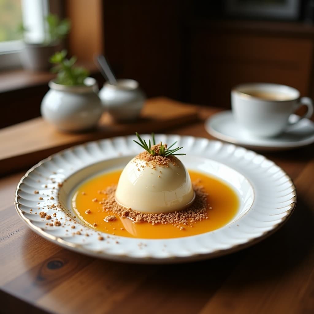 Copa de cristal con helado de azafrán y cardamomo con leche de avellanas, color dorado cremoso, decorado con hebras de azafrán y avellanas tostadas, fondo borroso con texturas persas.