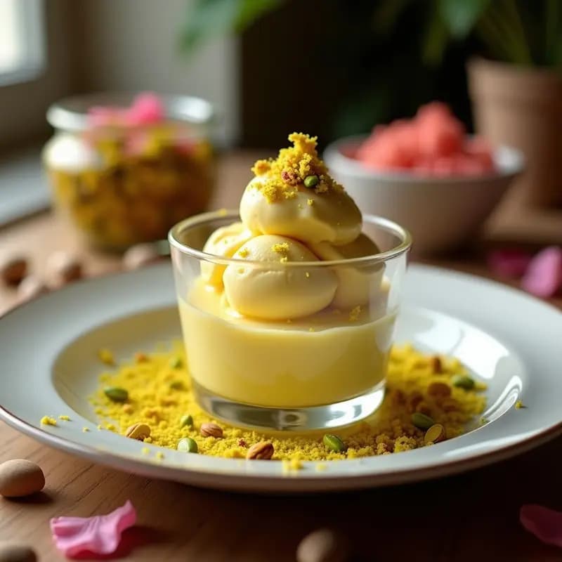 Copa de cristal transparente con helado cremoso de color dorado claro, coronado con pistachos picados y un hilo de agua de rosas. Fondo borroso con pétalos de rosa y más pistachos esparcidos.