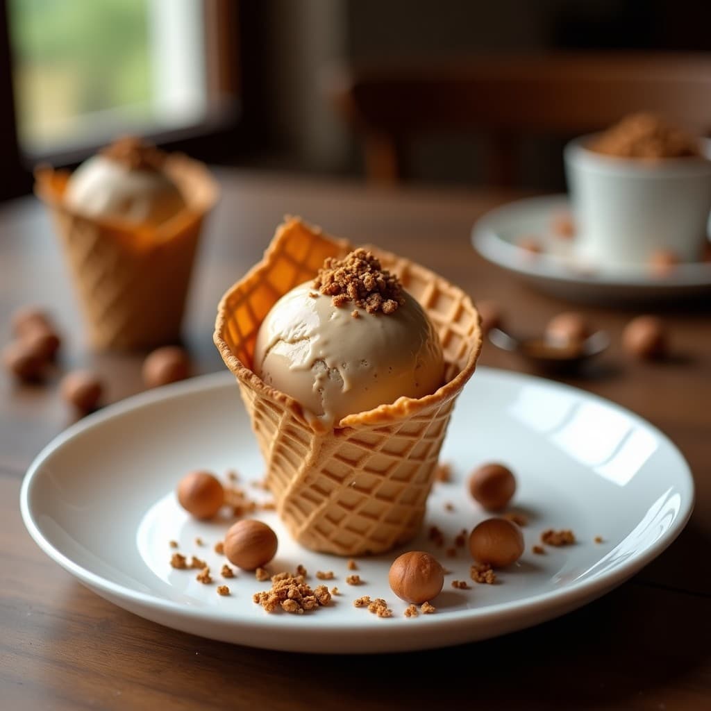 Cucurucho de helado artesanal de color marrón claro con vetas cremosas, espolvoreado con avellanas tostadas picadas, servido sobre un plato de porcelana blanca con fondo de madera rústica. Helado de café de achicoria y avellanas, postre francés sin azúcar en 3 ingredientes.