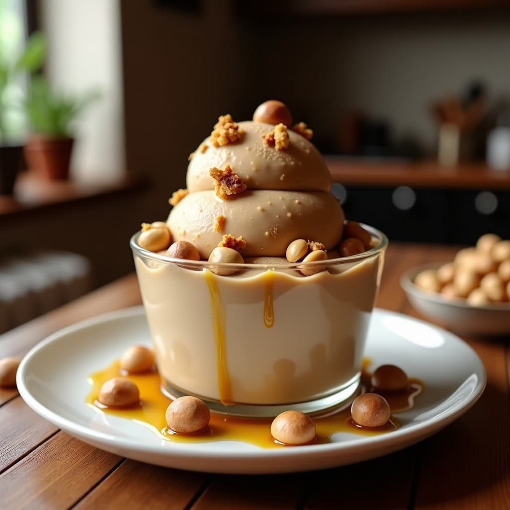 Copa de helado italiano de café con trozos de avellana tostada dorada, textura cremosa sin lactosa, decorado con avellanas enteras y un hilo de aceite de avellana, sobre fondo rústico de madera.