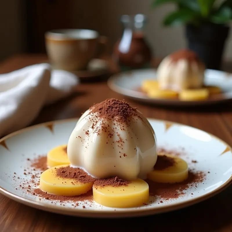 Copa de helado cremoso de café y avellanas sin lactosa, con topping de cacao amargo y trozos de avellanas tostadas, servido sobre una mesa rústica de madera.