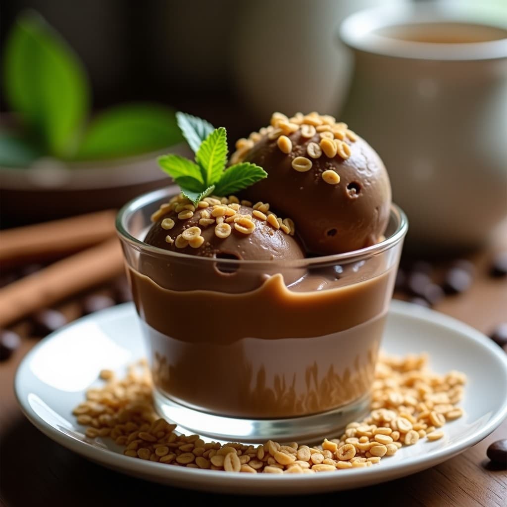 Copa de vidrio transparente con helado de café cremoso, coronado con avena tostada dorada y crujiente. Fondo rústico con granos de café y hojas de menta fresca. Postre colombiano sin lácteos.