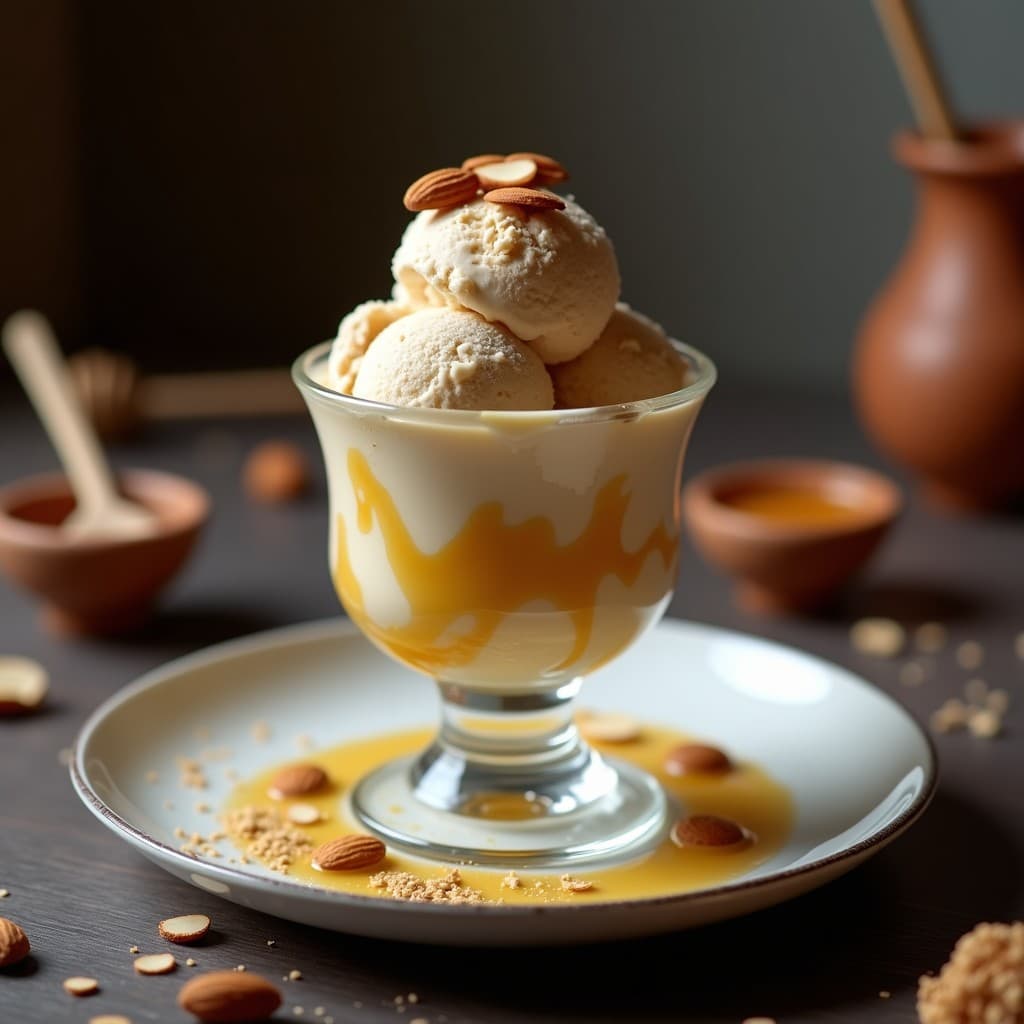 Copa de cristal transparente con helado de café y cardamomo keto, swirl dorado de miel de tomillo griego, decorado con almendras fileteadas tostadas y una pizca de cardamomo molido sobre fondo rústico de madera oscura.