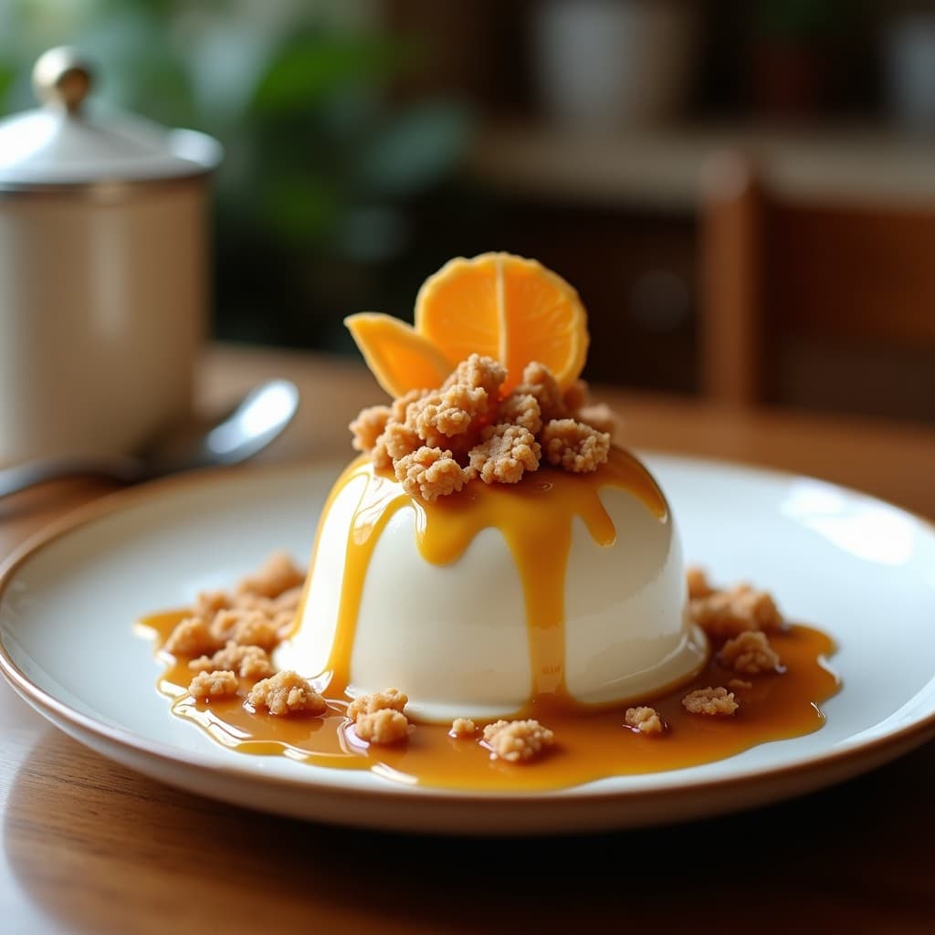 Cucurucho de helado artesanal de color café claro con vetas oscuras, coronado con trozos dorados de praliné de almendras y avellanas. Fondo borroso con granos de café y semillas de cardamomo dispersos sobre una mesa de madera rústica. Postre francés sin azúcar.