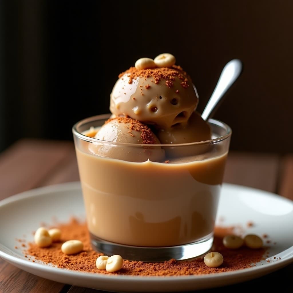 Copa de cristal transparente con helado de café cold brew y proteína de guisante, textura cremosa y color marrón claro, decorado con canela en polvo y virutas de cacao sobre fondo blanco rústico. Postre keto sin azúcar.