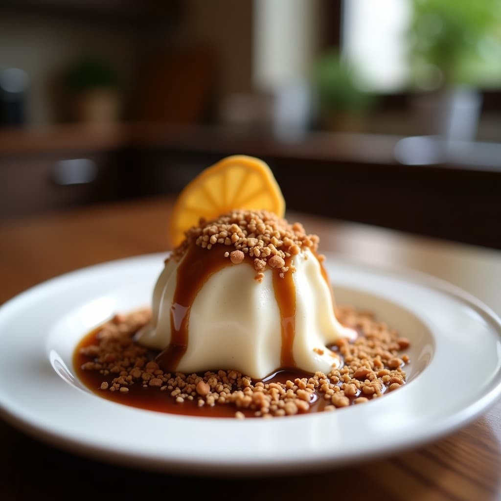 Helado de café vegano en cucurucho de barquillo, con trozos de dátiles visibles y espolvoreado de cacao en polvo, servido sobre una mesa rústica de madera con una taza de café al fondo.