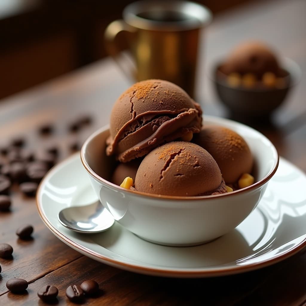 Copa de helado cremoso color café oscuro con trozos dorados de halva de sésamo, espolvoreado con canela y servido sobre una mesa de madera con una cuchara de plata y granos de café al fondo, postre griego sin lácteos.