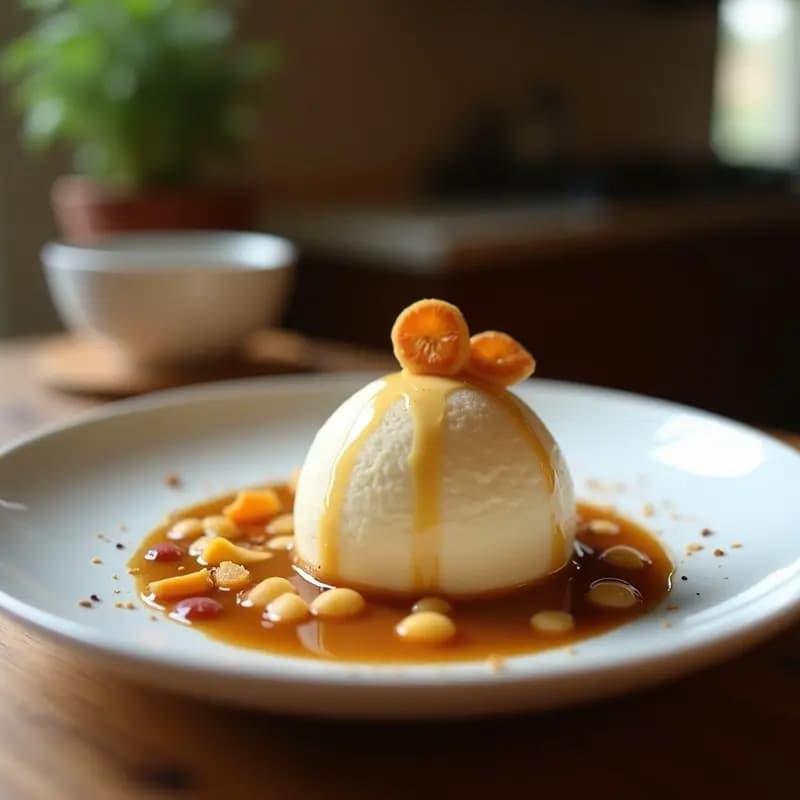 Copa de cristal transparente con helado de café nitrogenado de textura ultracremosa, cubierto con virutas de oro comestible brillante y espolvoreado con cacao en polvo, sobre fondo oscuro con efecto humeante. Receta de postre futurista con nitrógeno líquido.