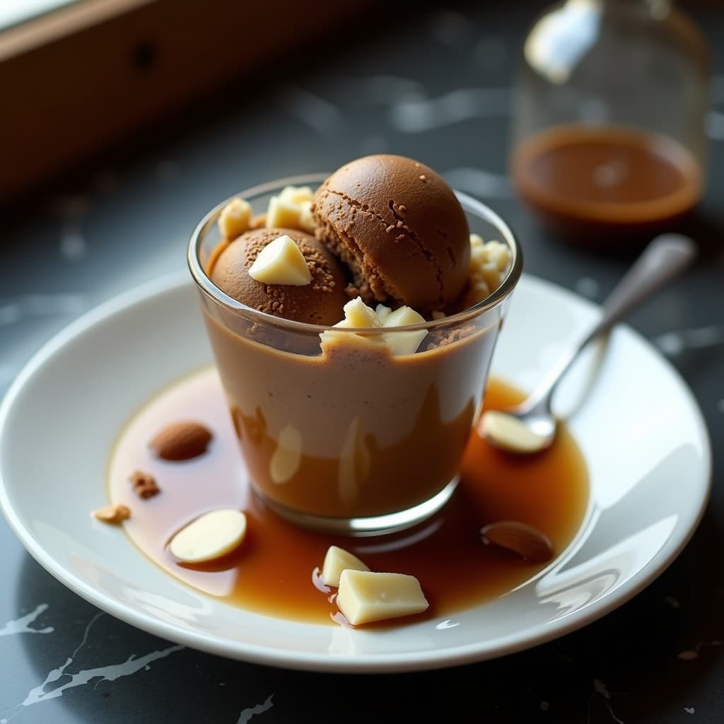 Copa de helado artesanal de color marrón oscuro con vetas cremosas, trozos visibles de queso de cabra blanco y un ligero espolvoreado de canela en la superficie. Postre italiano dulce-salado sin azúcar servido en un plato de porcelana blanca con fondo desenfocado de granos de café.