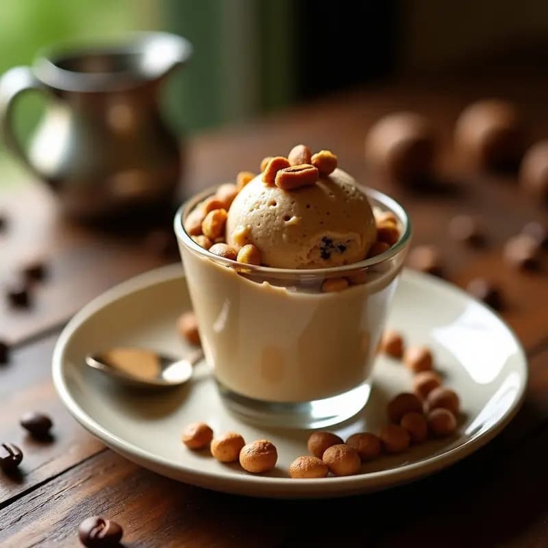 Copa de cristal con helado de café keto color crema, vetas de vainilla bourbon y trozos dorados de avellanas tostadas. Fondo borroso de granos de café y avellanas enteras.
