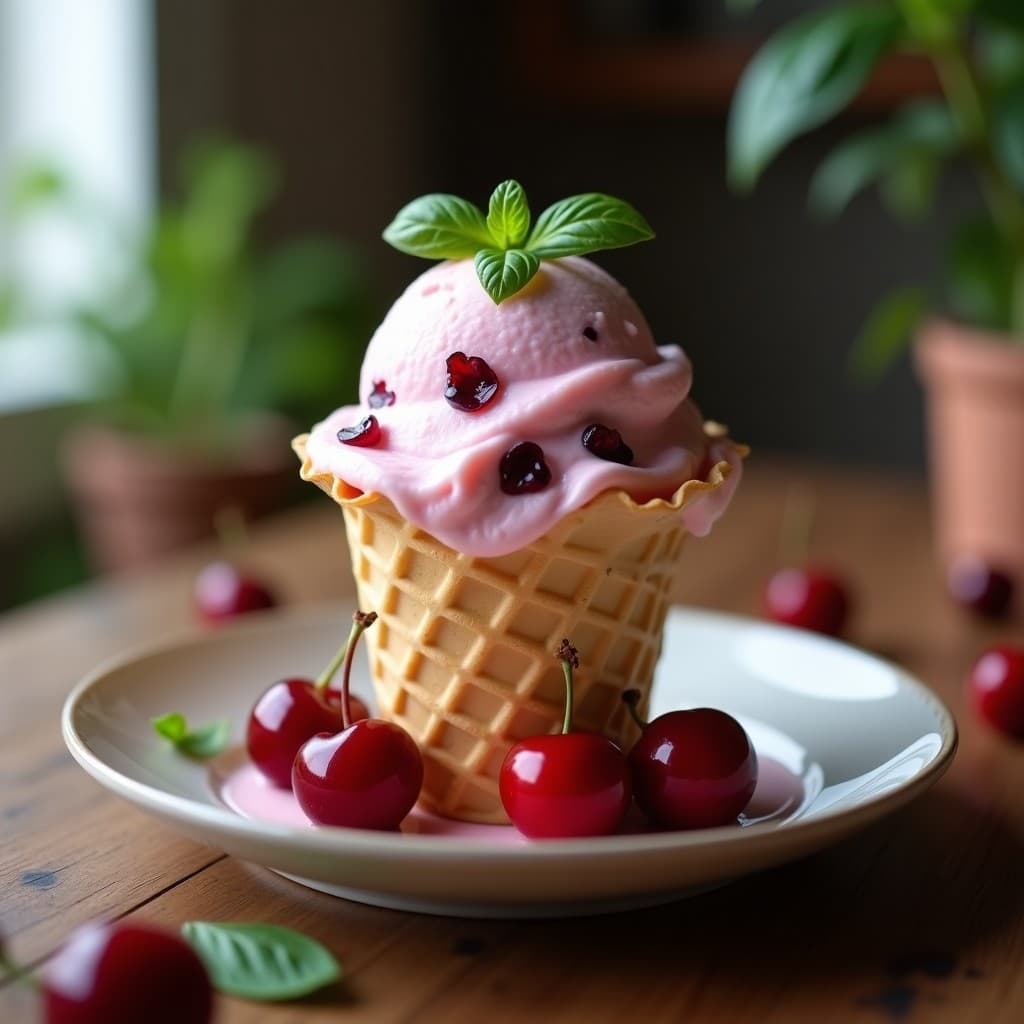 Helado de cereza ácida y albahaca servido en un cucurucho de barquilla, con trozos de cereza y una hoja de albahaca fresca como decoración, sobre un fondo rústico de madera.