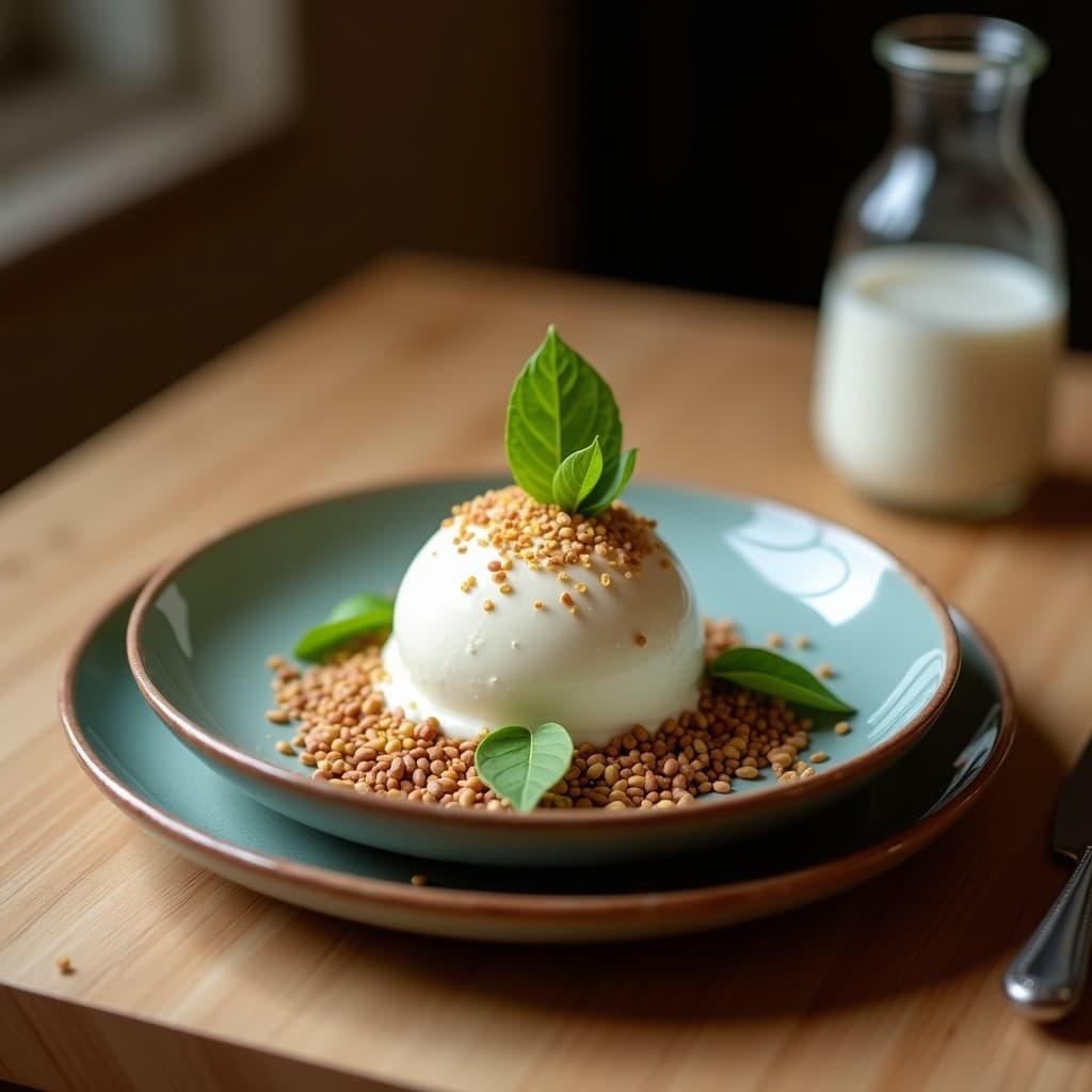Copa de helado cremoso de color blanco con vetas verdes de albahaca, coronado por un crujiente dorado de semillas de girasol, sésamo y calabaza. Fondo borroso con hojas de albahaca fresca y luz natural.