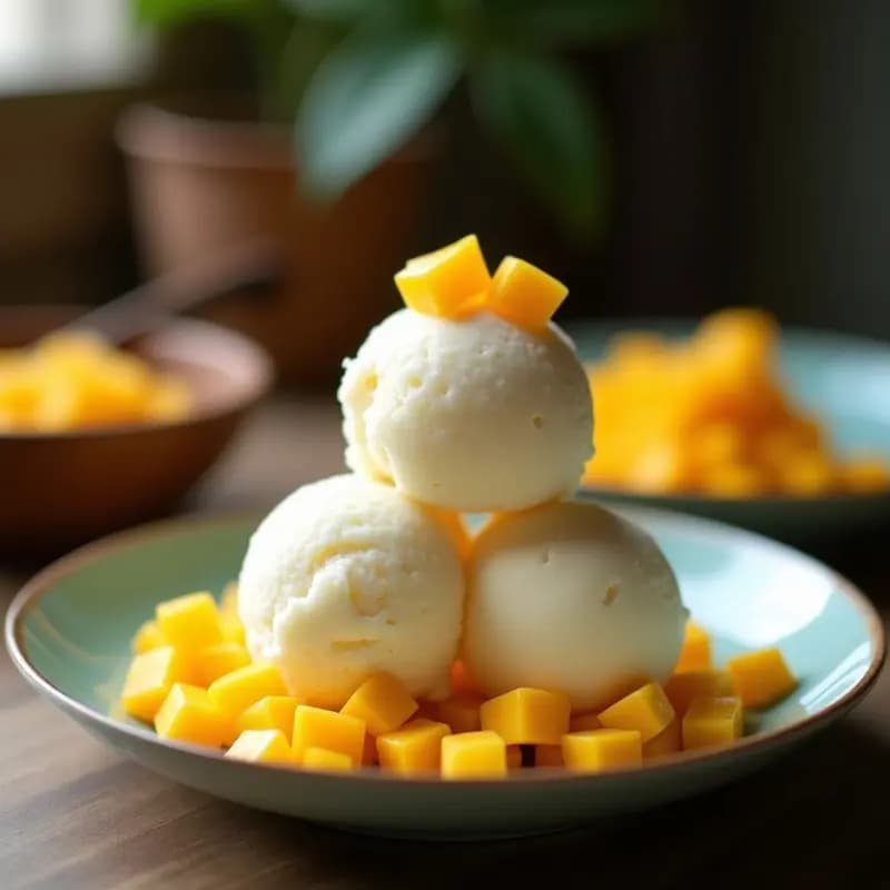 Helado cremoso de color blanco marfil en cucurucho de barquillo, coronado con trozos dorados de mango liofilizado y coco rallado. Fondo con tallos de lemongrass y hojas de menta para decoración. Postre tailandés refrescante y viral.