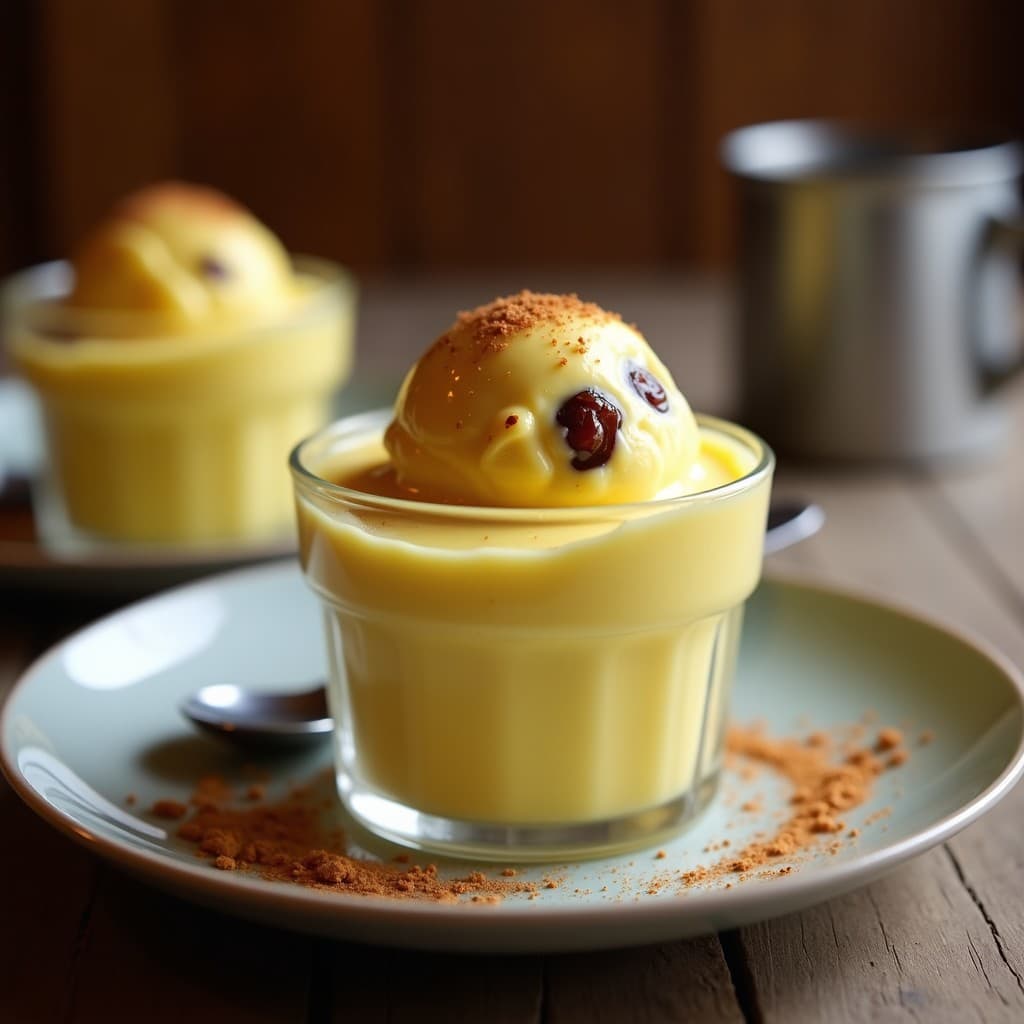 Helado cremoso de color dorado ambarino, servido en un cucurucho de barquilla con trozos visibles de dátiles y una pizca de cúrcuma espolvoreada encima. Fondo blanco con hojas de menta fresca como decoración.