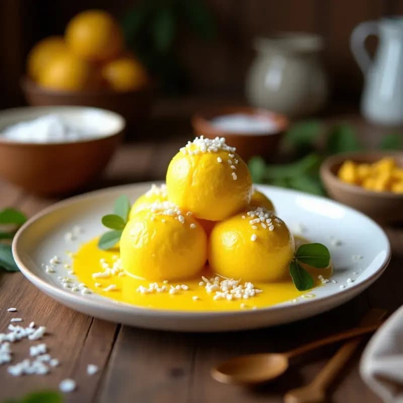 Copas de cristal con helado de cúrcuma y leche de coco, color dorado suave, decorado con virutas de coco tostadas y una pizca de canela. Postre ayurvédico sin azúcar con textura cremosa y crujiente.