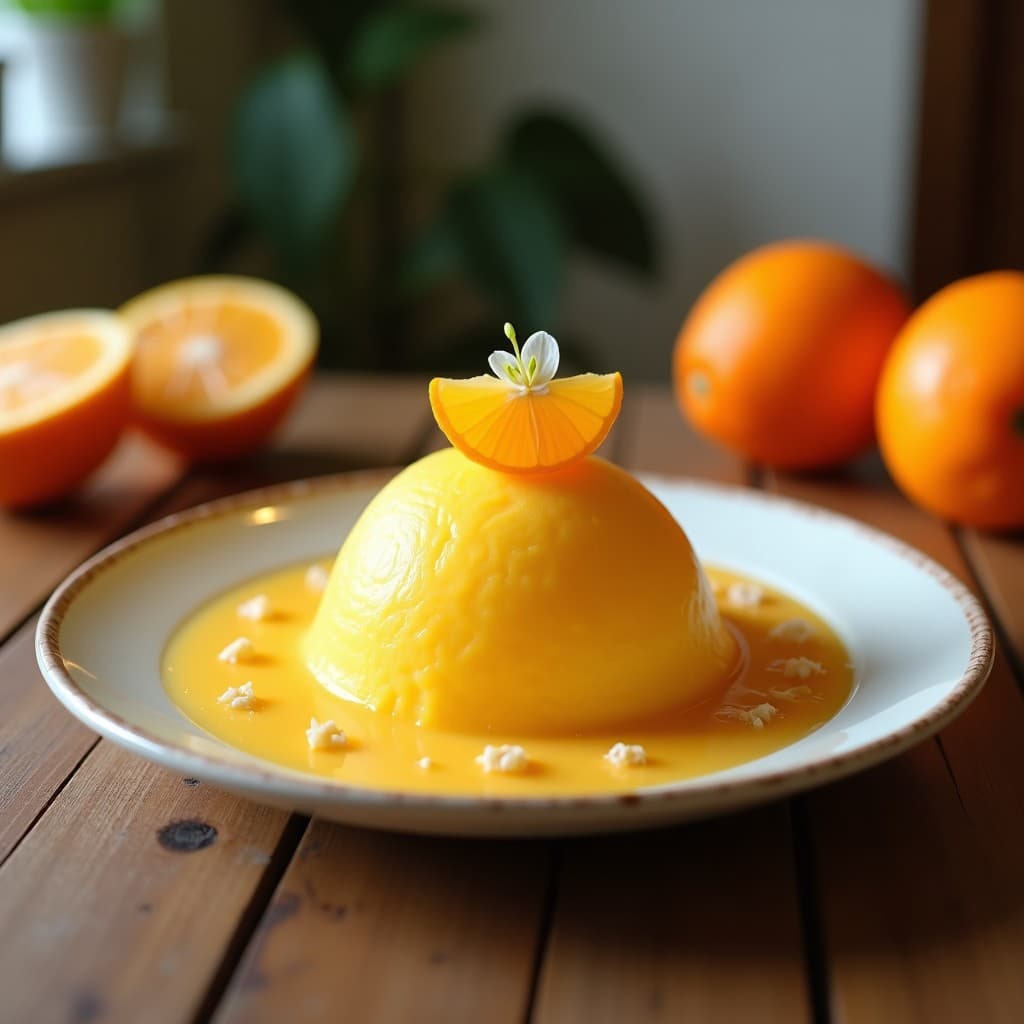Copas de cristal con helado de cúrcuma y naranja sanguina ayurvédico, decorado con zest de naranja y una pizca de cúrcuma en polvo. Textura cremosa y color dorado anaranjado, servido sobre una mesa de madera con hojas de menta.