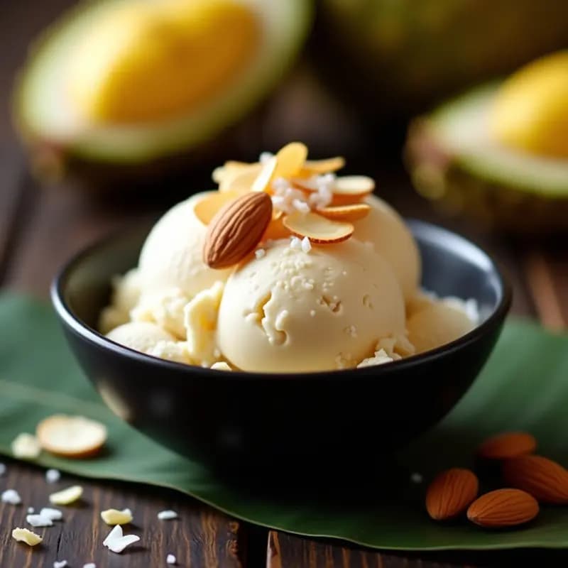 Cucurucho de barquillo crujiente relleno de helado de durian y leche de almendra, con textura cremosa y trozos de almendra tostada. Fondo borroso con hojas de menta y rodajas de durian fresco. Postre tailandés vegano y exótico.