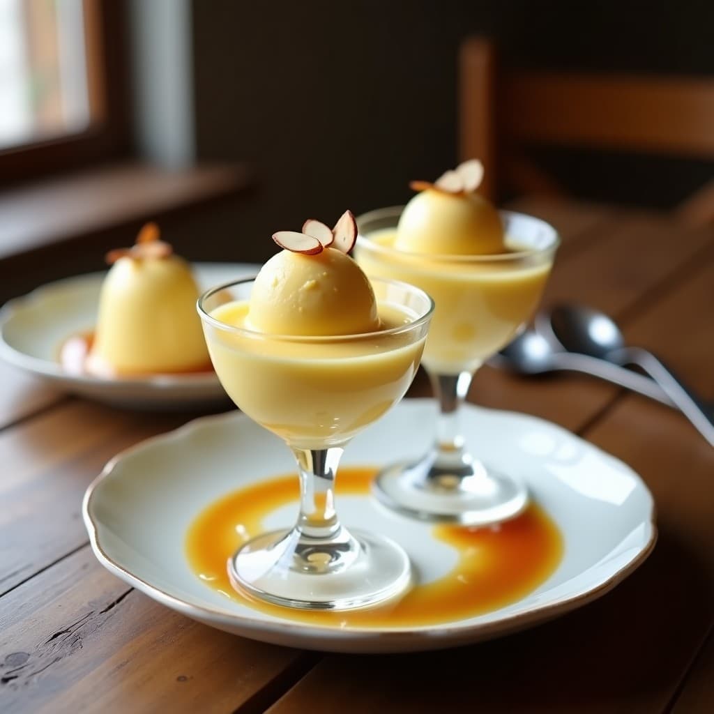 Copas de cristal transparente con helado de flan de huevos y esencia de vainilla, decorado con almendras fileteadas y un hilo de vainilla líquida. Textura cremosa y color amarillento pálido, fondo difuminado con tonos cálidos.