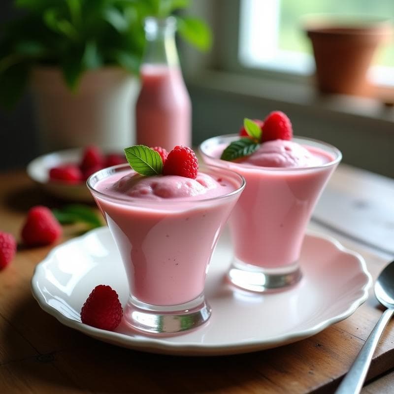 Helado de frambuesa y albahaca con sirope de stevia servido en copas de cristal, decorado con frambuesas frescas y hojas de albahaca, sobre un fondo rústico de madera clara con luz natural.