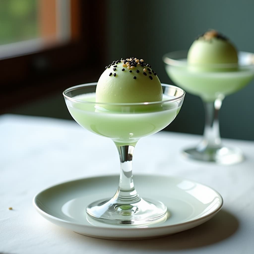 Copa de cristal transparente con helado de hielo de mar y algas japonés, decorado con semillas de sésamo negro y copos de algas nori, sobre fondo blanco con textura de hielo.