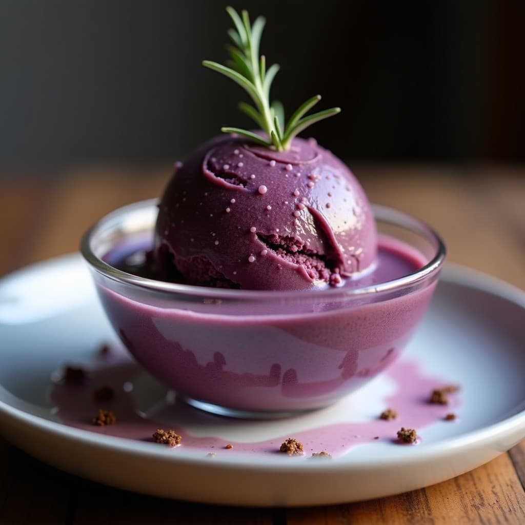 Copa de cristal transparente con helado de higo negro y romero sin lácteos, textura cremosa y color morado intenso, decorado con una ramita de romero fresco sobre fondo rústico de madera.